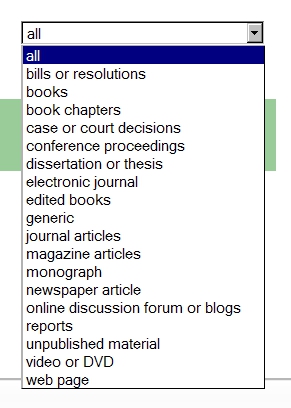 example of drop down menu for searching by reference type