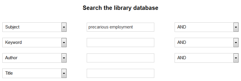 example of basic search in the library using precarious employment as the subject