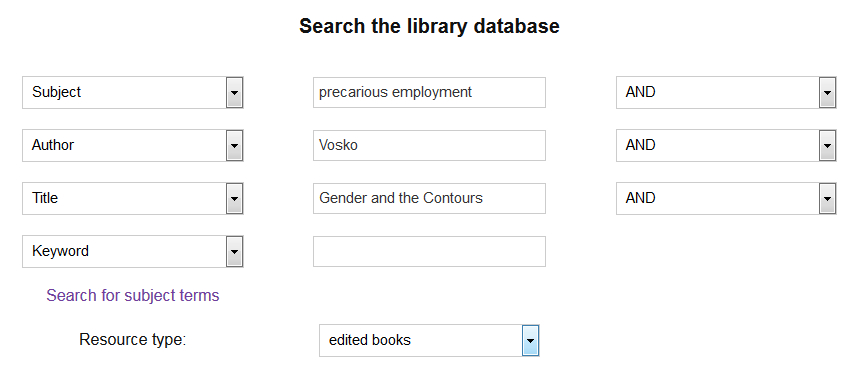 example of detailed search in the library using subject, author, and title fields