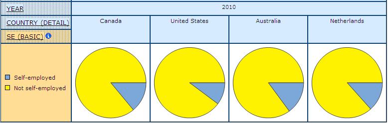 pie graph displaying the share of self-employed in Canada, United States, Australia, and Netherlands