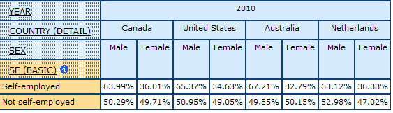 table displaying the percentage of men and women by Self-employment in Canada, United States, Australia, and Netherlands