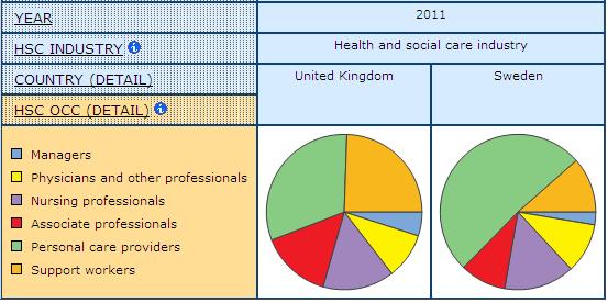 pie graph example of the share of health and social care occupations by health and social care industry 