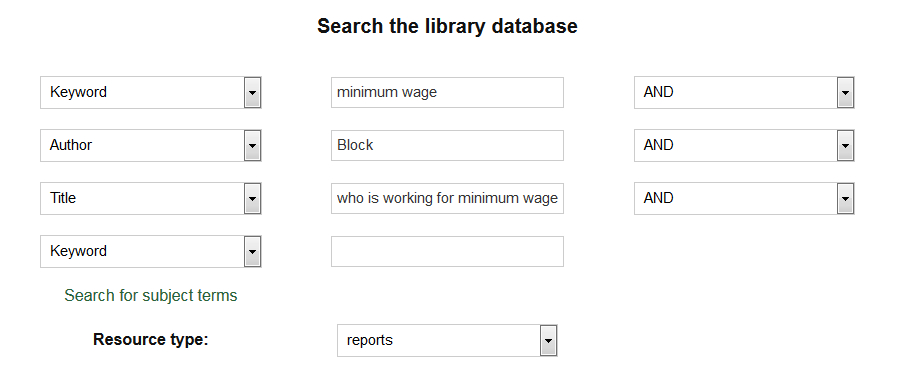 library search fields populated with information for author keyword and title