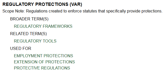 thesaurus search result for regulatory protections