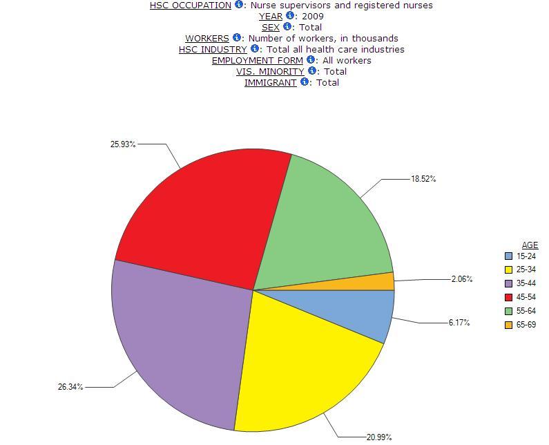 large pie graph, Visualization of Age Group Share among Nurses with labels and percentages