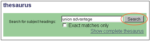 example of searching the term union advantage on the thesarurus search page