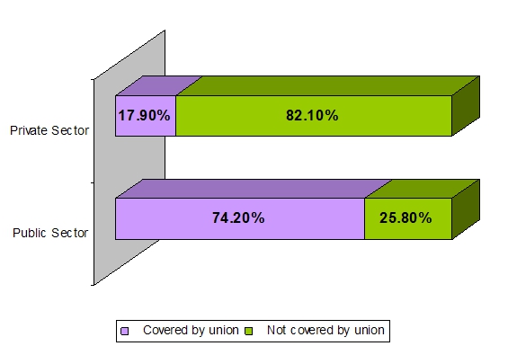 stacked bar graph displaying the percentage of Union Density by Sector