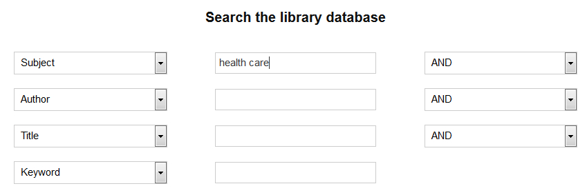 example of how to conduct a basic keyword search of the library resource using health care as the subject