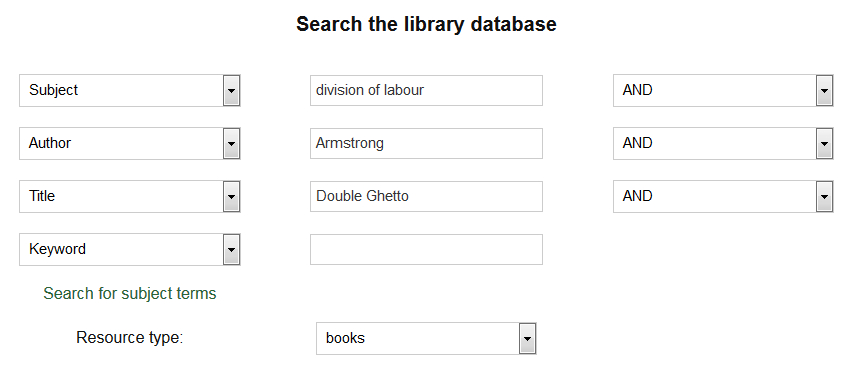 example of searching the library resource using the subject, author and title fields of the search page