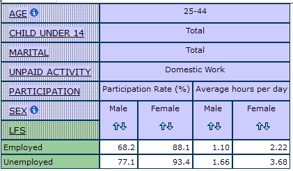 table displaying the participation rate and average hours per day spent on Unpaid Domestic Work by Labour Force Status and Sex, for 25-44 year olds