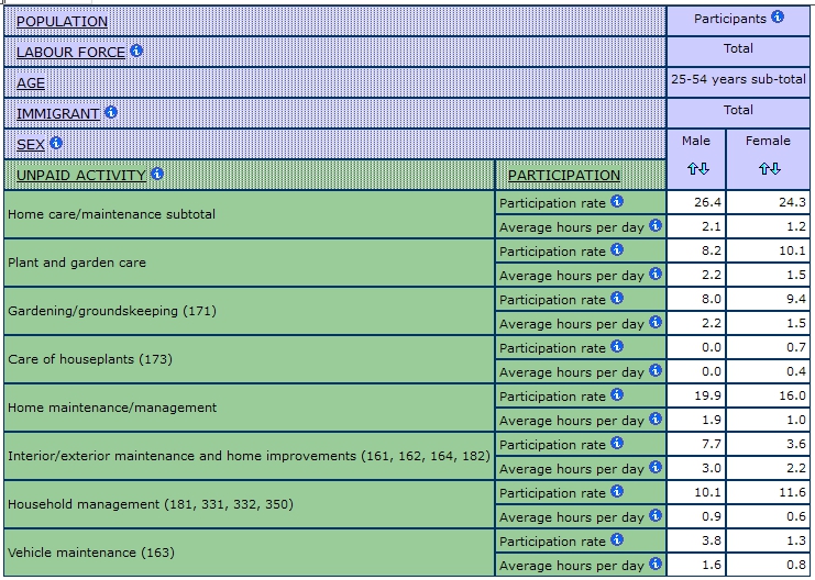 table displaying the participation and average hours per day spent on performing unpaid acitivities by sex