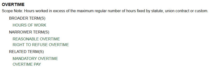 example of thesaurus structure using overtime